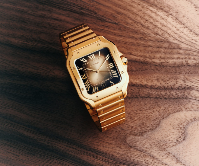 The Santos de Cartier Glows in A Cinematic Gold