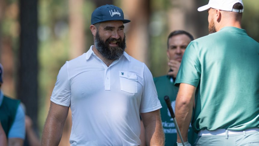 STATELINE, NEVADA - JULY 12: Travis Kelce and Jason Kelce during the ACC Celebrity Golf Championship presented by American Century Investments at Edgewood Tahoe Golf Course on July 12, 2024 in Stateline, Nevada.  (Photo by David Calvert/Getty Images for American Century Investments)