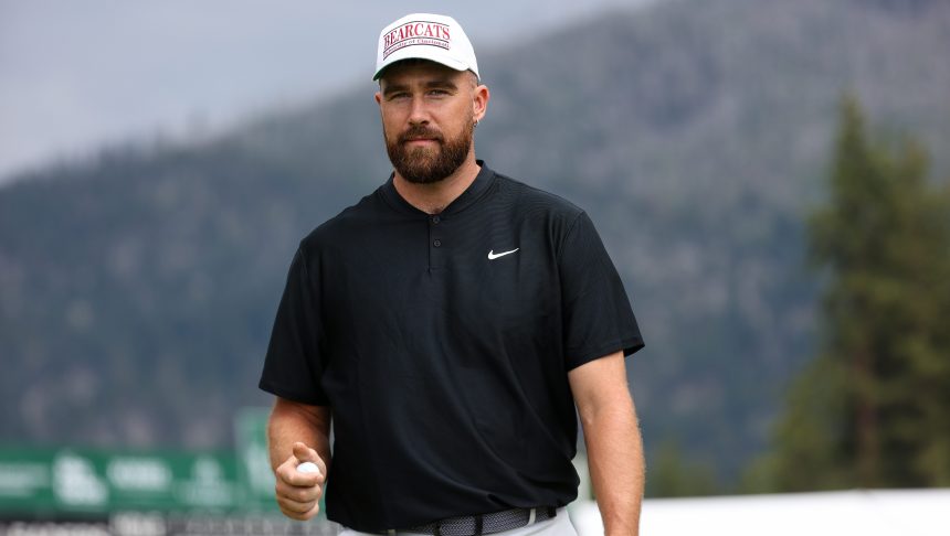 STATELINE, NEVADA - JULY 14: NFL football player Travis Kelce prepares to gift a golf ball at the 18th hole on day three of the 2024 American Century Championship at Edgewood Tahoe Golf Course on July 14, 2024 in Stateline, Nevada. (Photo by Isaiah Vazquez/Getty Images)