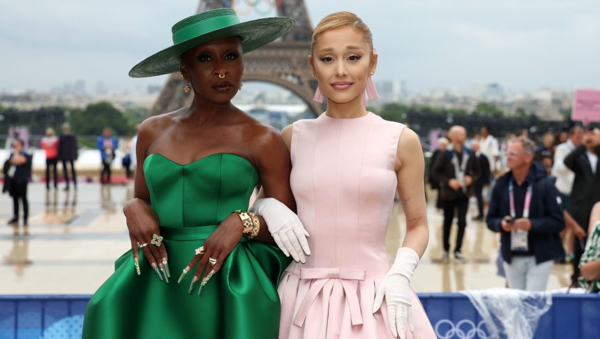 PARIS, FRANCE - JULY 26: (L-R) Cynthia Erivo and Ariana Grande attend the red carpet ahead of the opening ceremony of the Olympic Games Paris 2024 on July 26, 2024 in Paris, France. (Photo by Matthew Stockman/Getty Images)