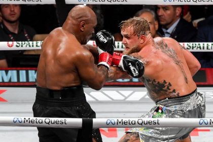 Texas , United States - 15 November 2024; Jake Paul, right, and Mike Tyson during their heavyweight bout at AT&T Stadium in Arlington, Texas, USA. (Photo By Stephen McCarthy/Sportsfile via Getty Images)